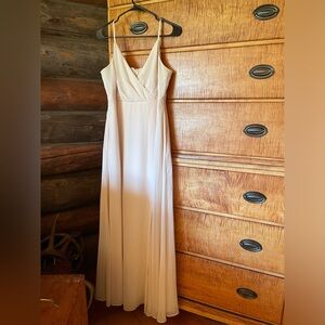 Tailored petite fit, side slit, adjustable straps, hidden zipper, champagne.